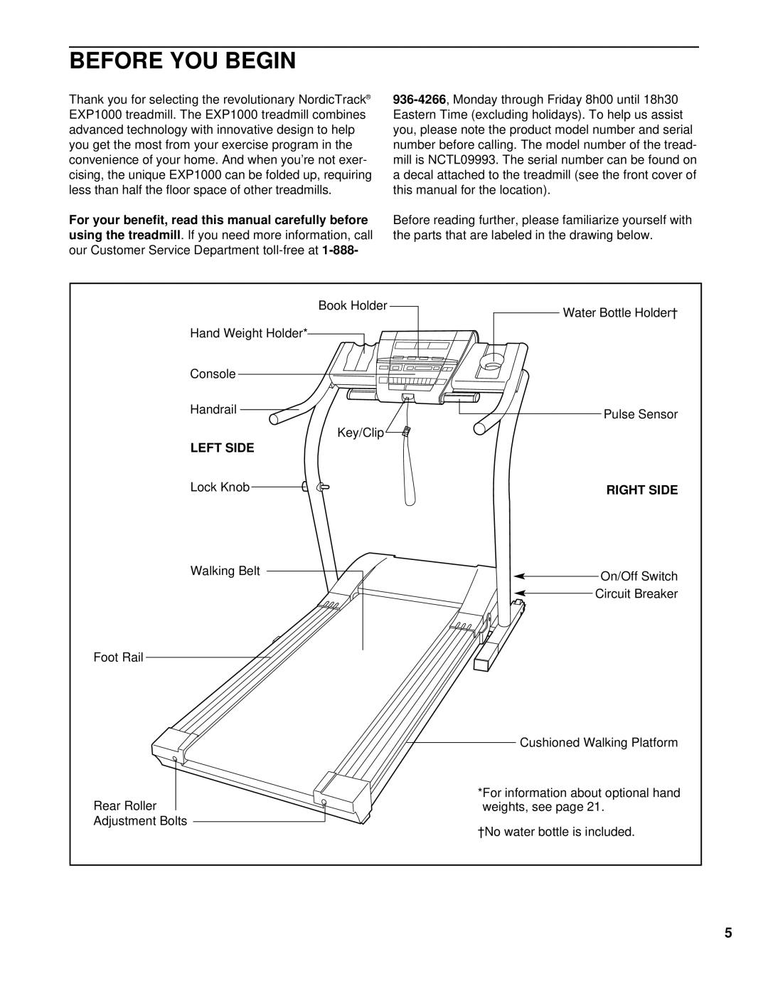 NordicTrack NCTL09993 manual Before YOU Begin, Using the treadmill, Left Side, Right Side 