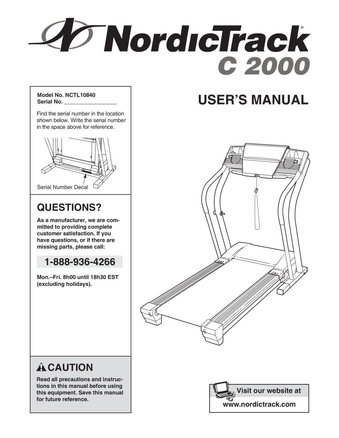 NordicTrack manual Questions?, Model No. NCTL10840 Serial No 