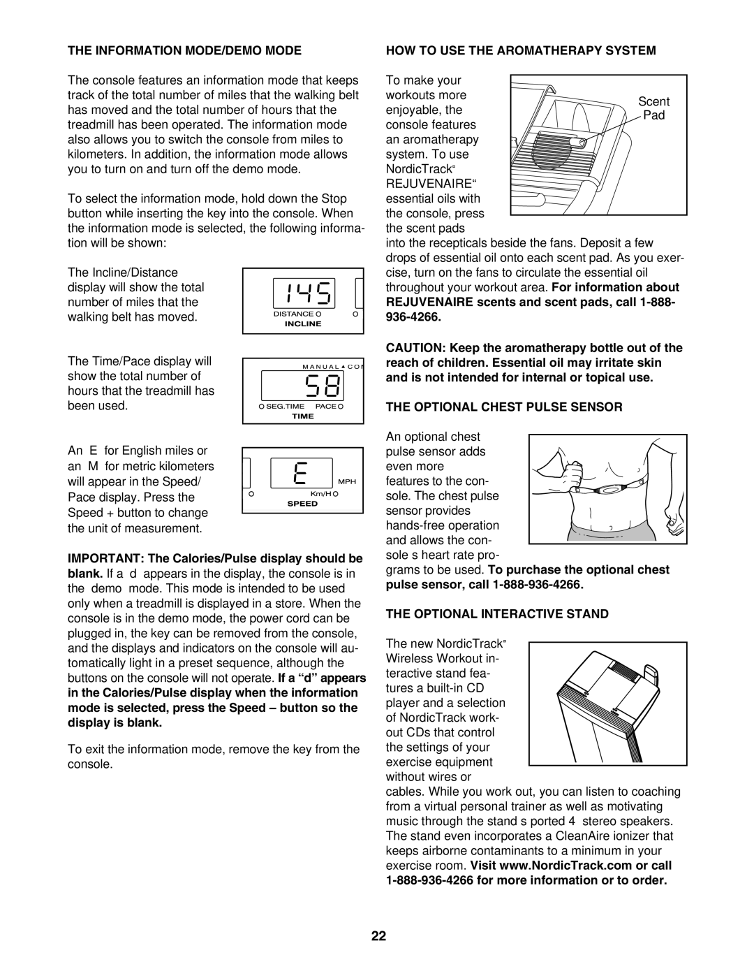 NordicTrack NCTL10840 manual Information MODE/DEMO Mode, HOW to USE the Aromatherapy System, Optional Chest Pulse Sensor 