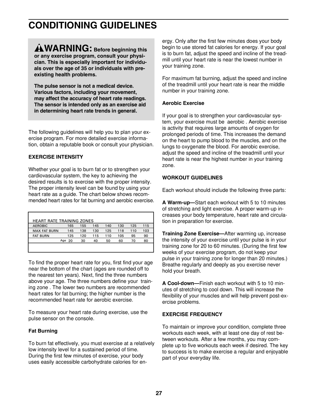 NordicTrack NCTL10840 manual Conditioning Guidelines, Exercise Intensity, Workout Guidelines, Exercise Frequency 