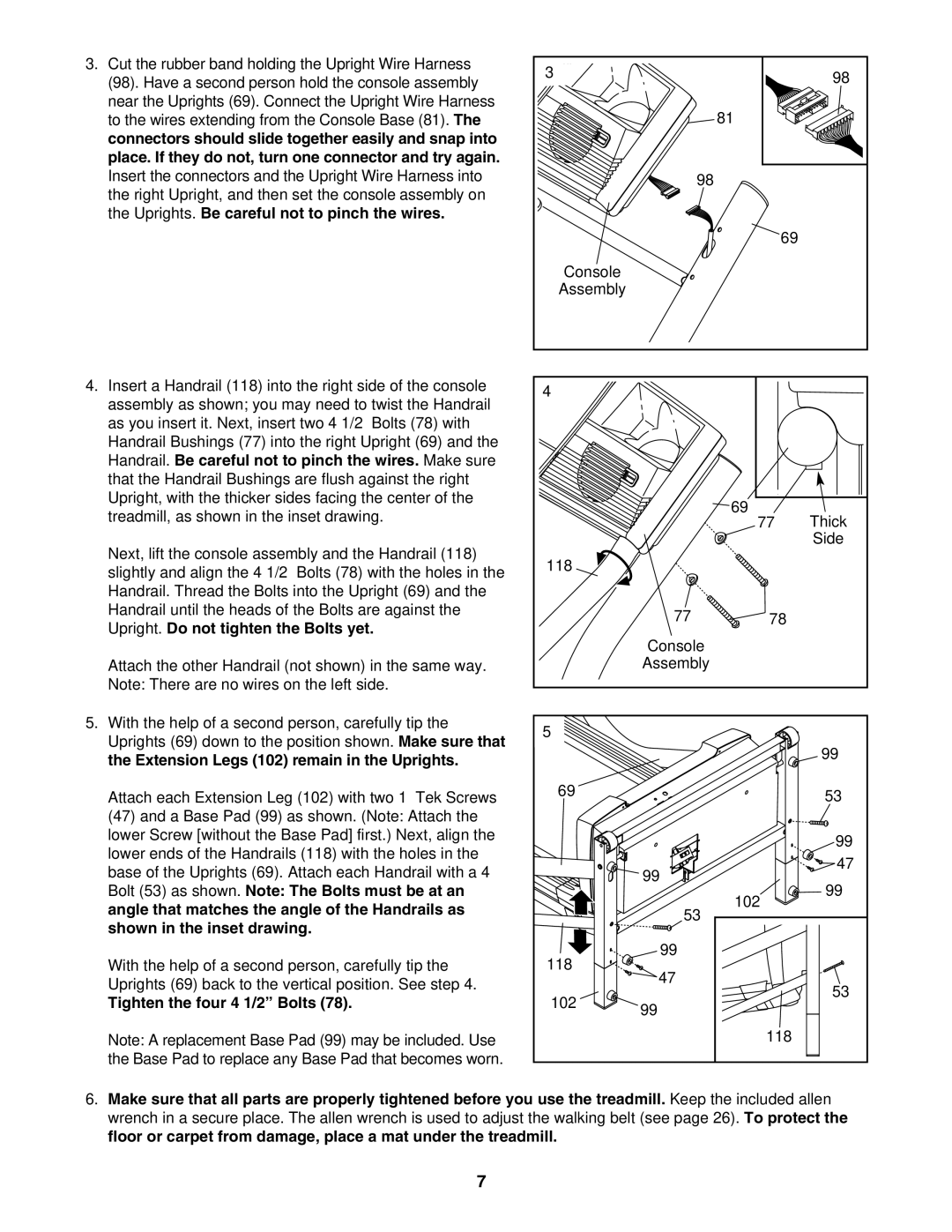 NordicTrack NCTL10840 Uprights. Be careful not to pinch the wires, Handrail. Be careful not to pinch the wires. Make sure 