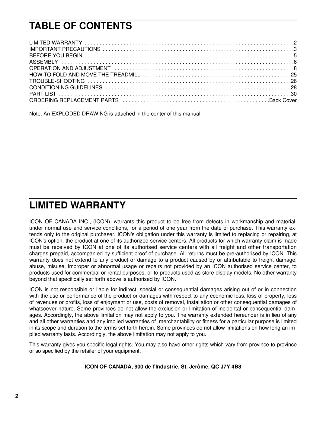 NordicTrack NCTL11990 user manual Table of Contents, Limited Warranty 