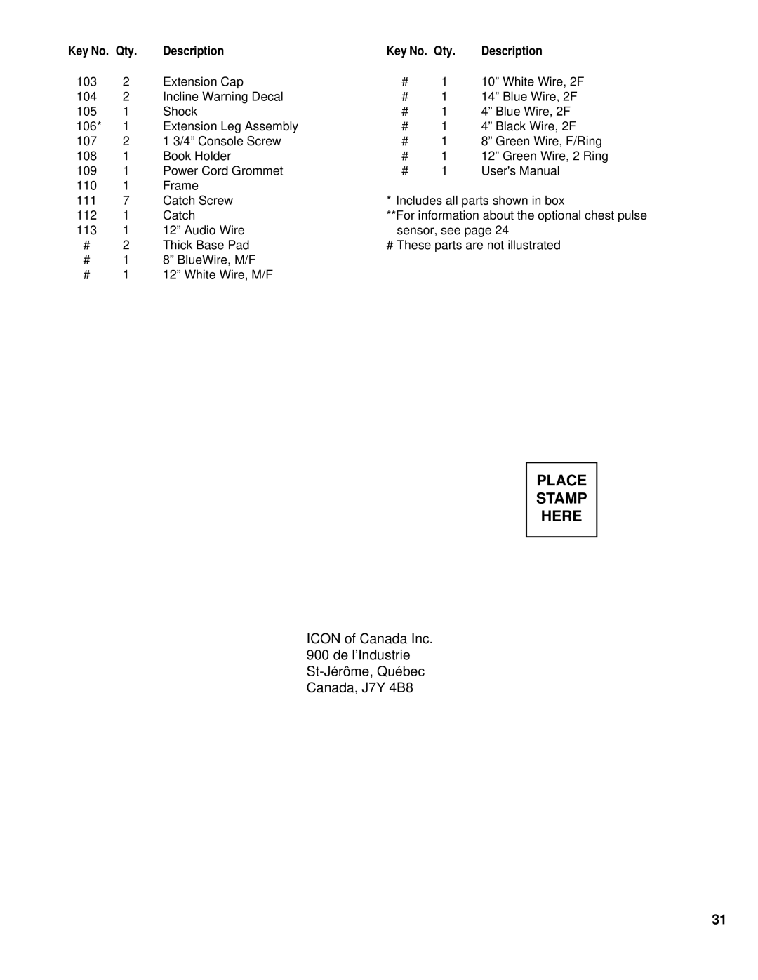 NordicTrack NCTL11990 user manual Key No. Qty Description, Extension Cap, Book Holder, Audio Wire, White Wire, 2F 