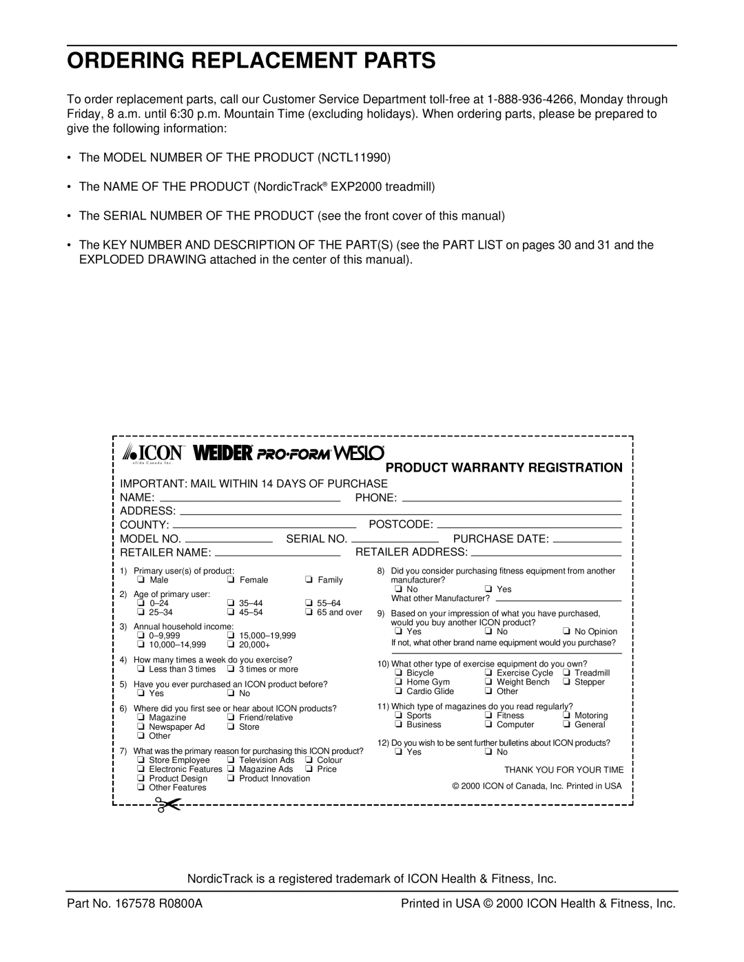 NordicTrack NCTL11990 user manual Ordering Replacement Parts, EXP2000 treadmill 