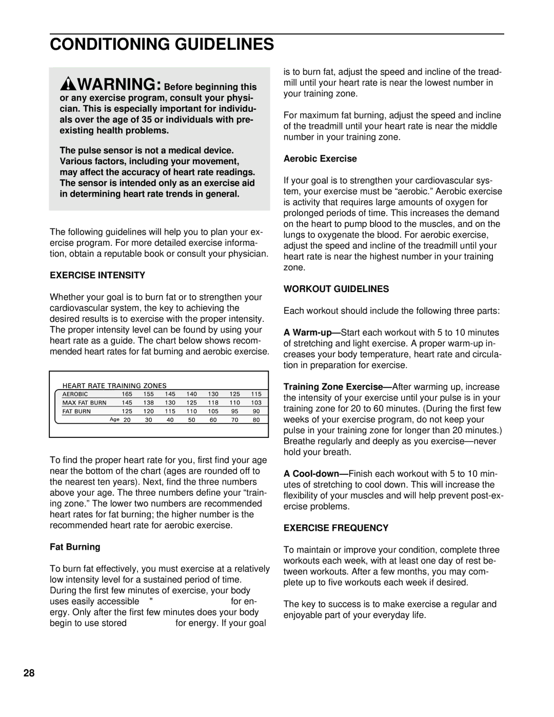 NordicTrack NCTL11992 manual Conditioning Guidelines, Exercise Intensity, Workout Guidelines, Exercise Frequency 