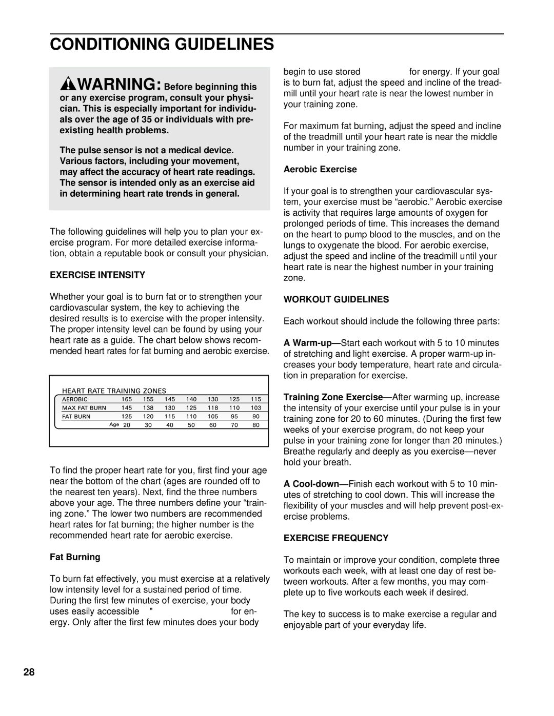 NordicTrack NCTL15991 user manual Conditioning Guidelines, Warm-up, Training Zone Exercise, Fat Burning 