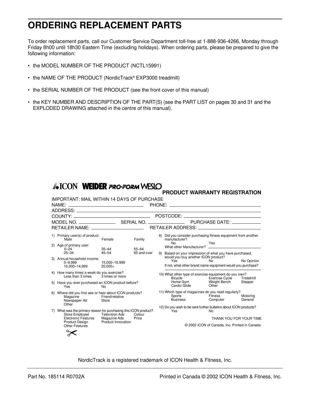 NordicTrack NCTL15991 user manual Ordering Replacement Parts, EXP3000 treadmill 