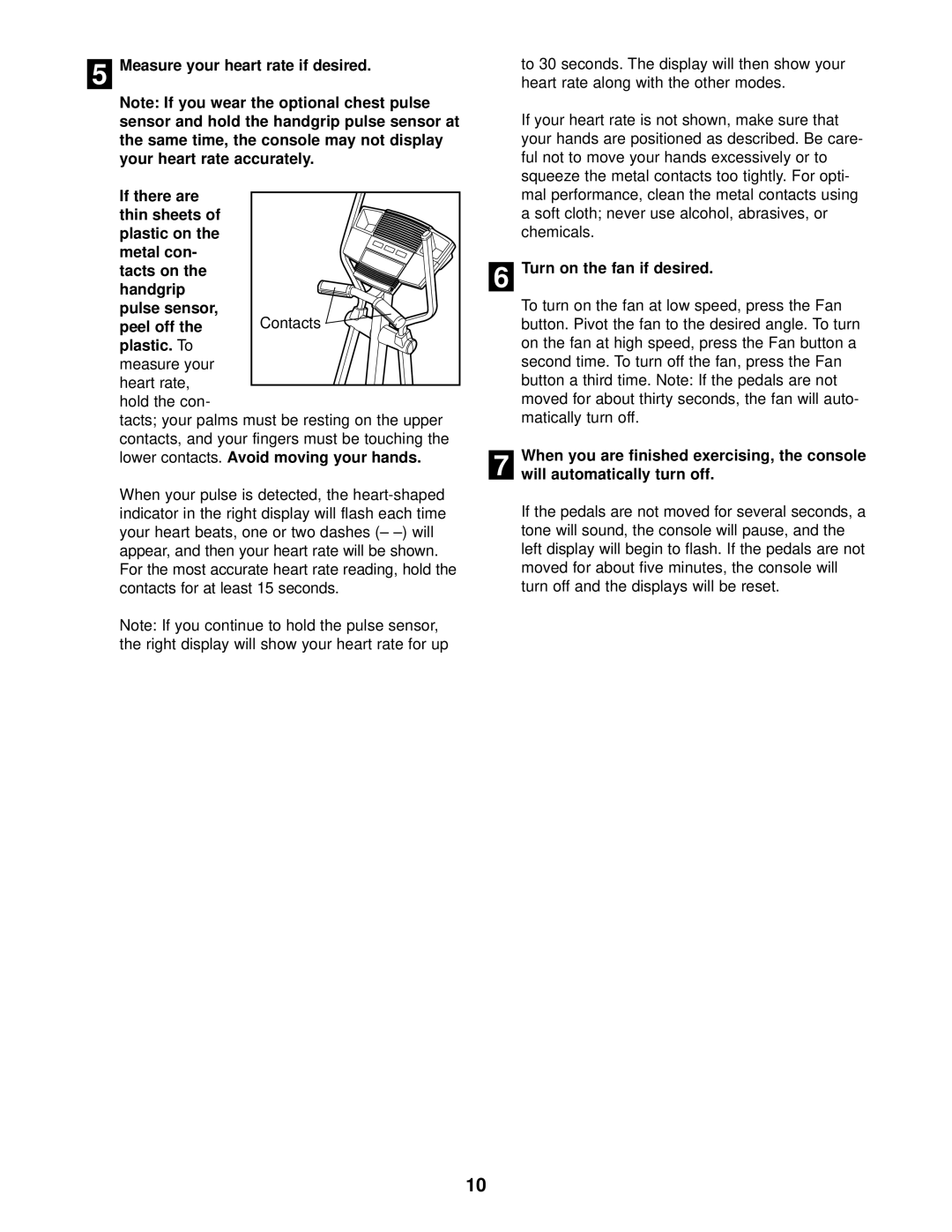 NordicTrack NEL07940 Measure your heart rate if desired, Thin sheets Plastic on, Contacts, Hold the con, Lower contacts 