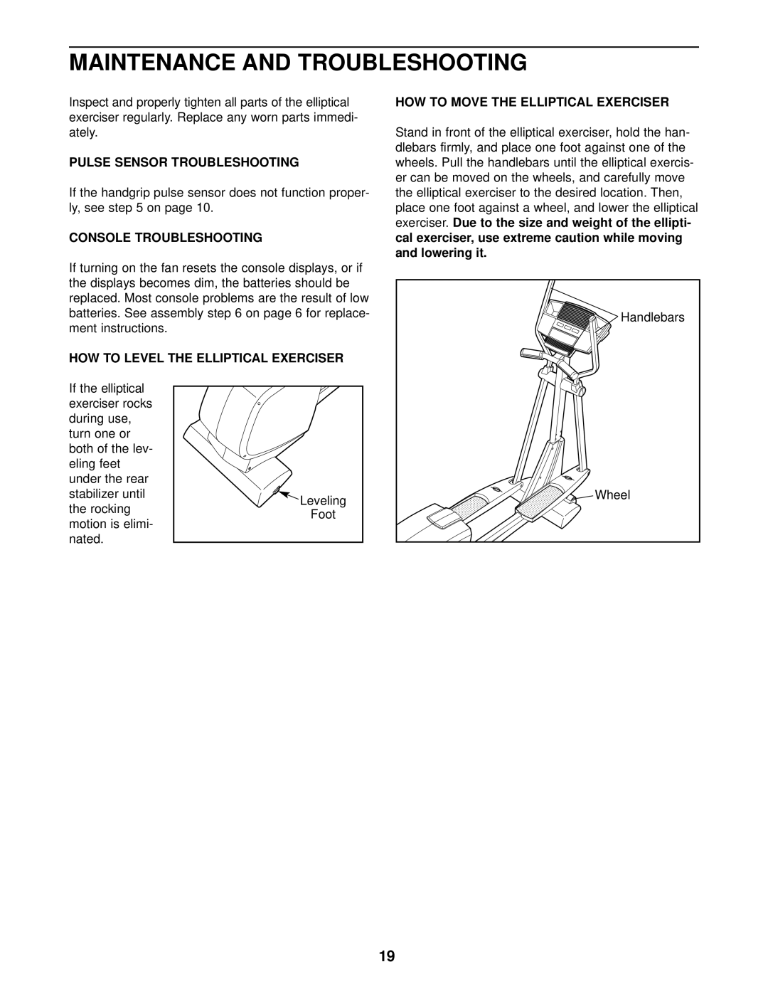 NordicTrack NEL07940 Pulse Sensor Troubleshooting, Console Troubleshooting, HOW to Level the Elliptical Exerciser 