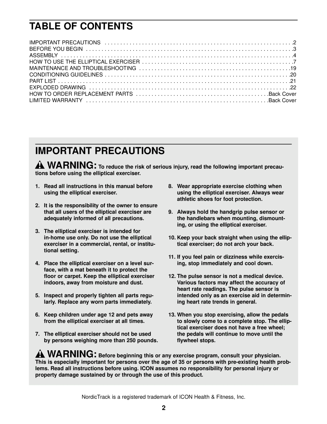 NordicTrack NEL07940 user manual Table of Contents, Important Precautions 