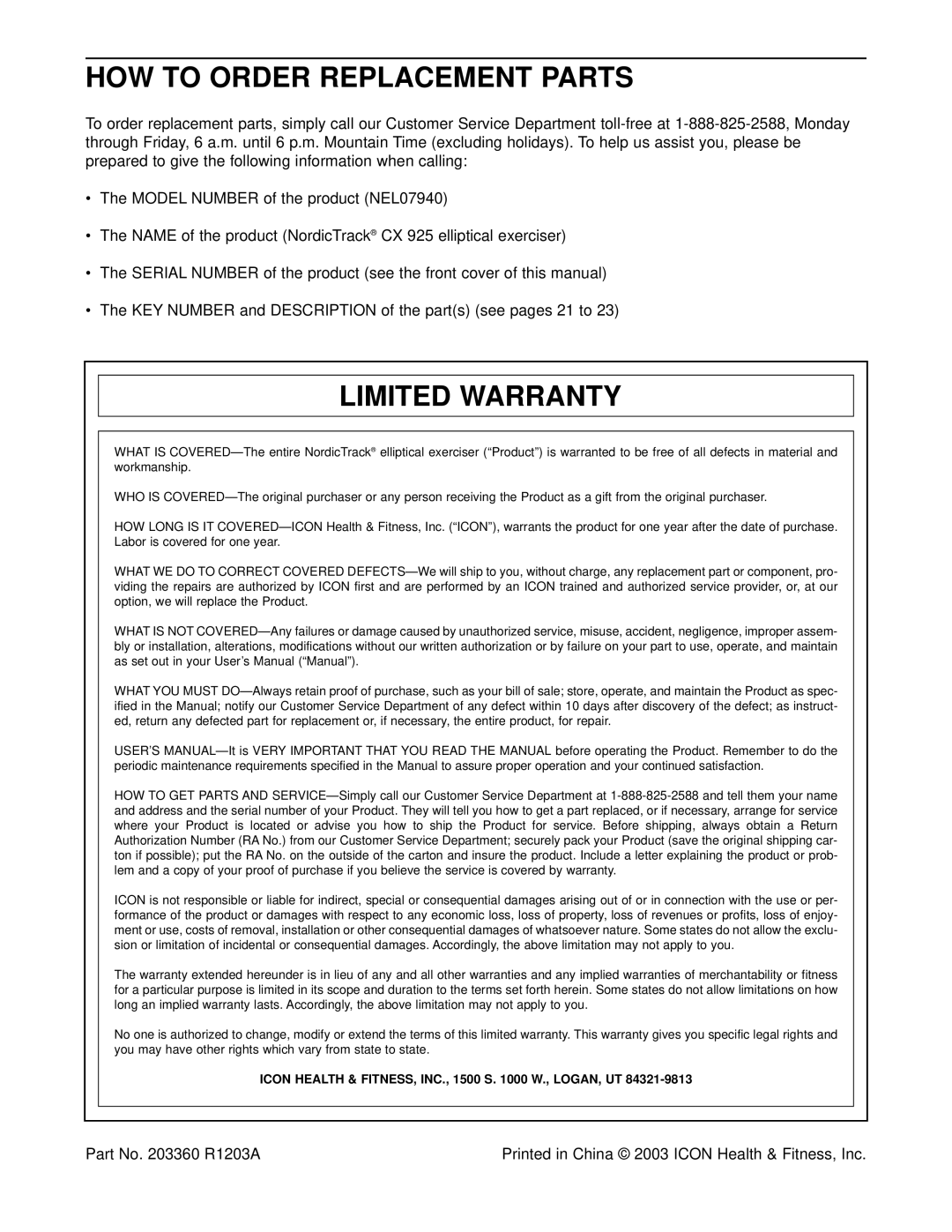 NordicTrack NEL07940 user manual HOW to Order Replacement Parts, Limited Warranty, Part No R1203A 