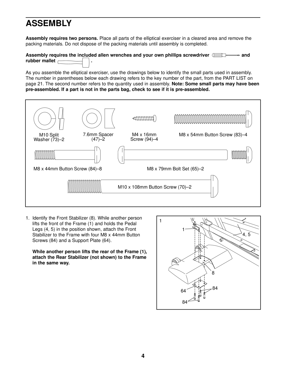 NordicTrack NEL07940 Assembly, M10 Split 6mm Spacer M4 x 16mm, Washer 47-2 Screw M8 x 44mm Button Screw M8 x 79mm Bolt Set 