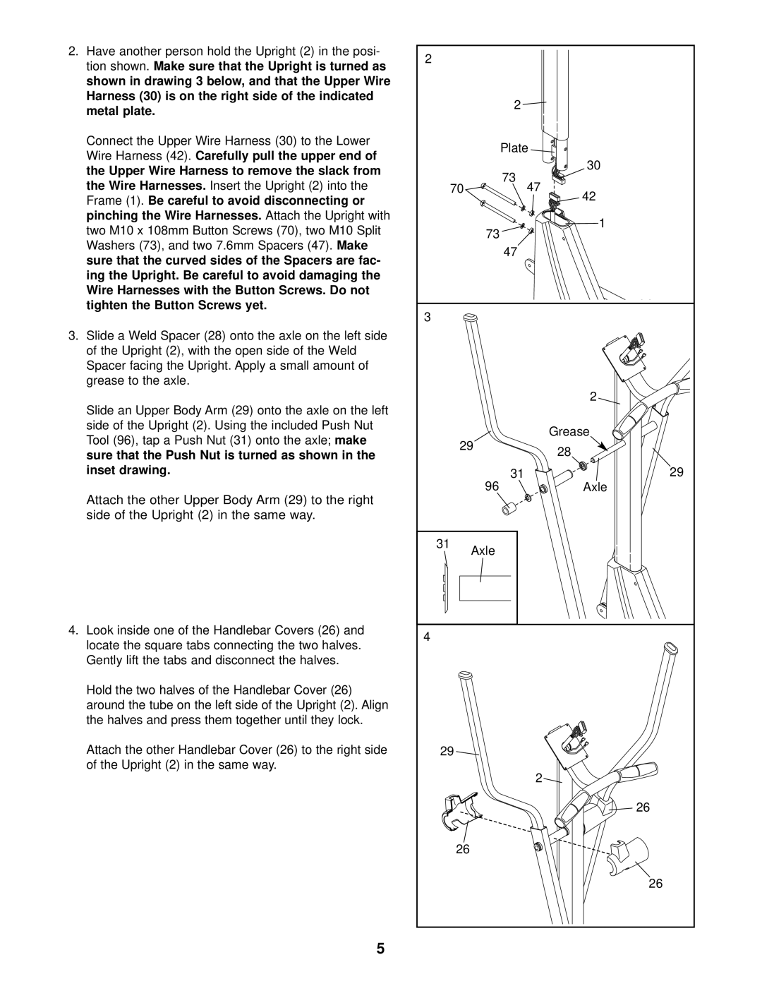 NordicTrack NEL07940 Wire Harness, Insert the Upright 2 into, Washers 73, and two 7.6mm Spacers, Inset drawing, Axle 