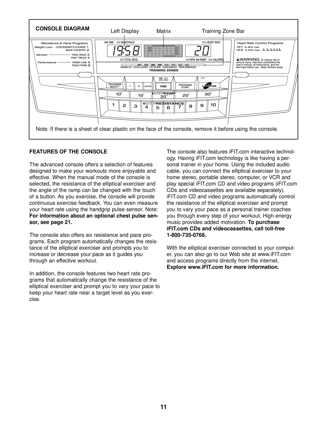 NordicTrack NEL09940 Console Diagram, Left Display Matrix, Features of the Console, Music provides added motivation 