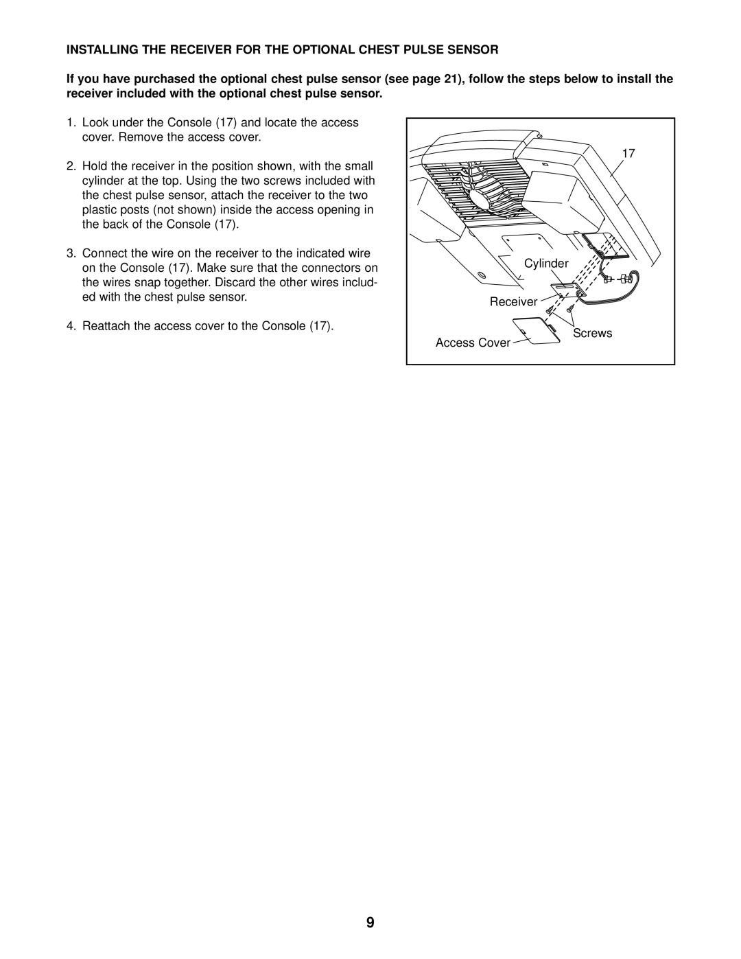 NordicTrack NEL09940 user manual Installing the Receiver for the Optional Chest Pulse Sensor 