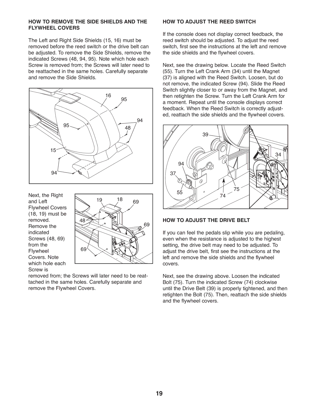 NordicTrack NEL5095.0 user manual HOW to Remove the Side Shields and the Flywheel Covers, HOW to Adjust the Reed Switch 