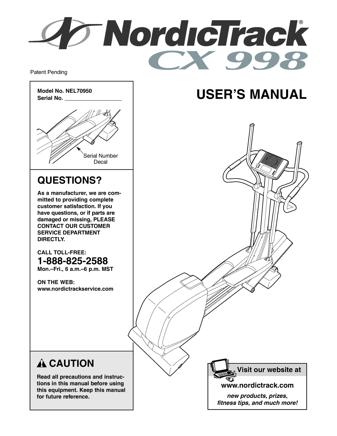 NordicTrack user manual Questions?, Model No. NEL70950 Serial No, Call TOLL-FREE 