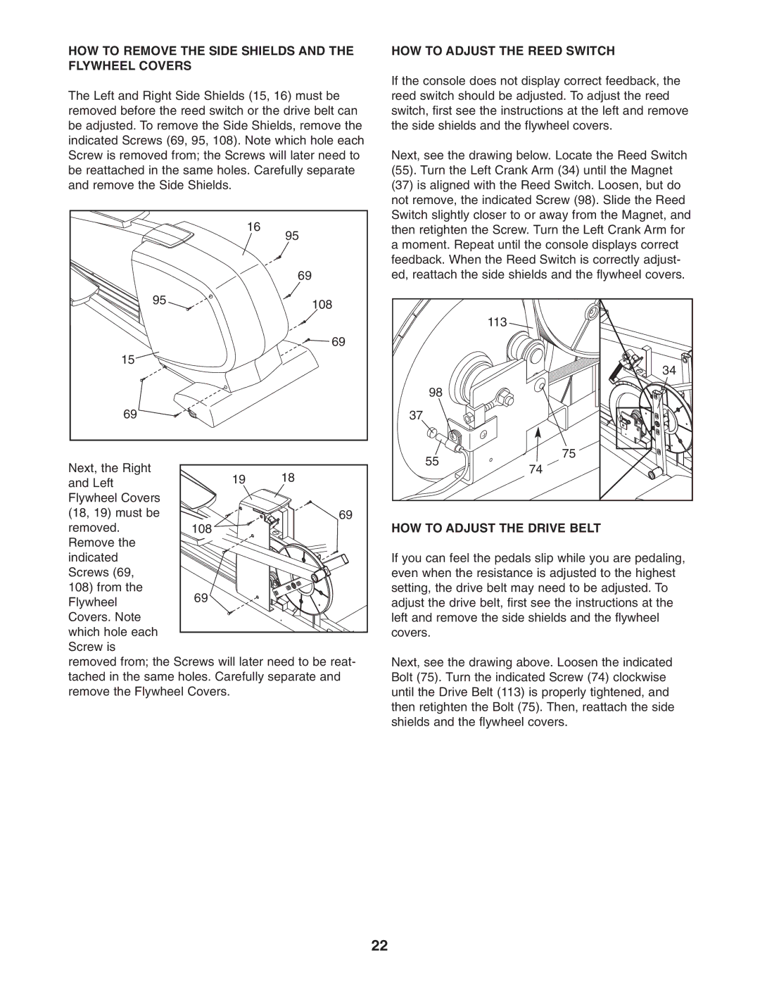 NordicTrack NEL70950 user manual HOW to Remove the Side Shields and the Flywheel Covers, HOW to Adjust the Reed Switch 