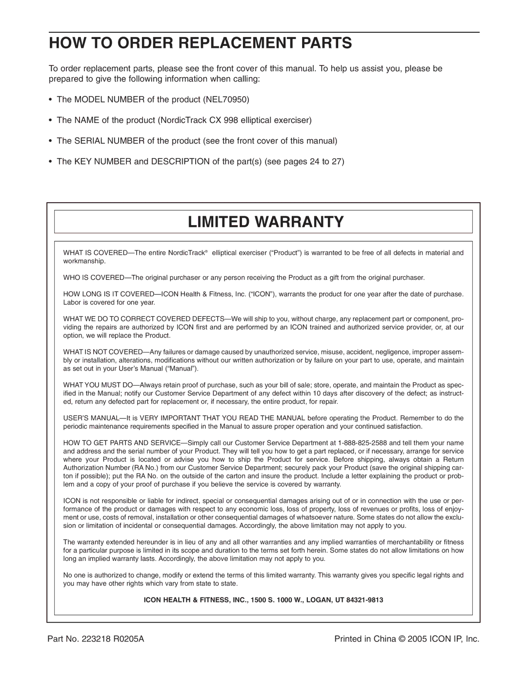 NordicTrack NEL70950 user manual HOW to Order Replacement Parts, Limited Warranty 