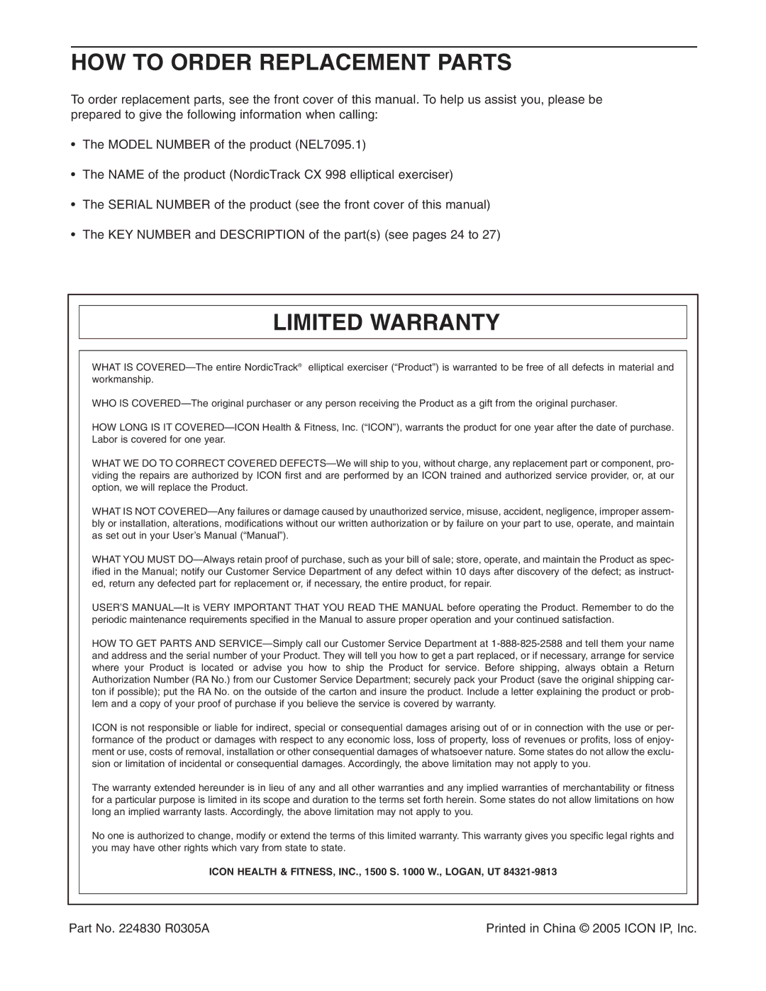 NordicTrack NEL7095.1 user manual HOW to Order Replacement Parts, Limited Warranty 