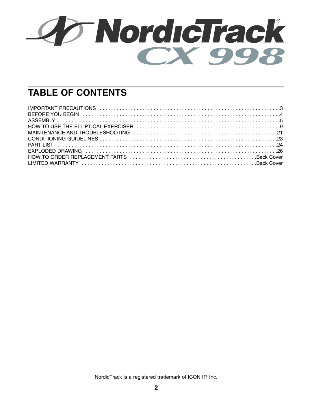 NordicTrack NEL7095.1 user manual Table Of Contents, NordicTrack is a registered trademark of ICON IP, Inc 