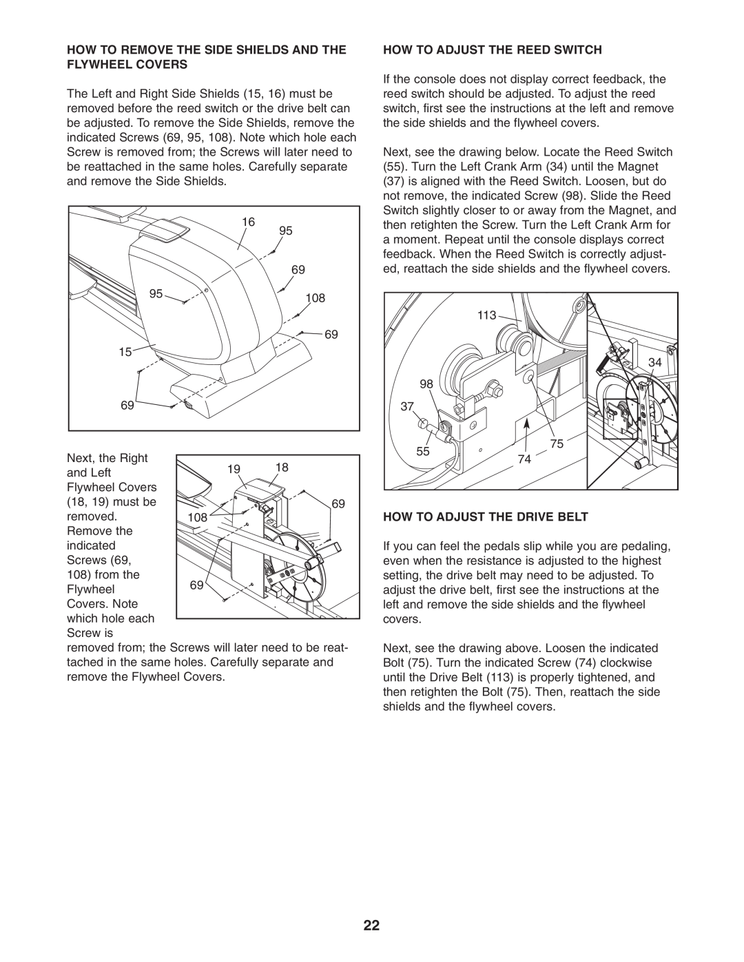 NordicTrack NEL7095.1 user manual How To Remove The Side Shields And The Flywheel Covers, How To Adjust The Reed Switch 