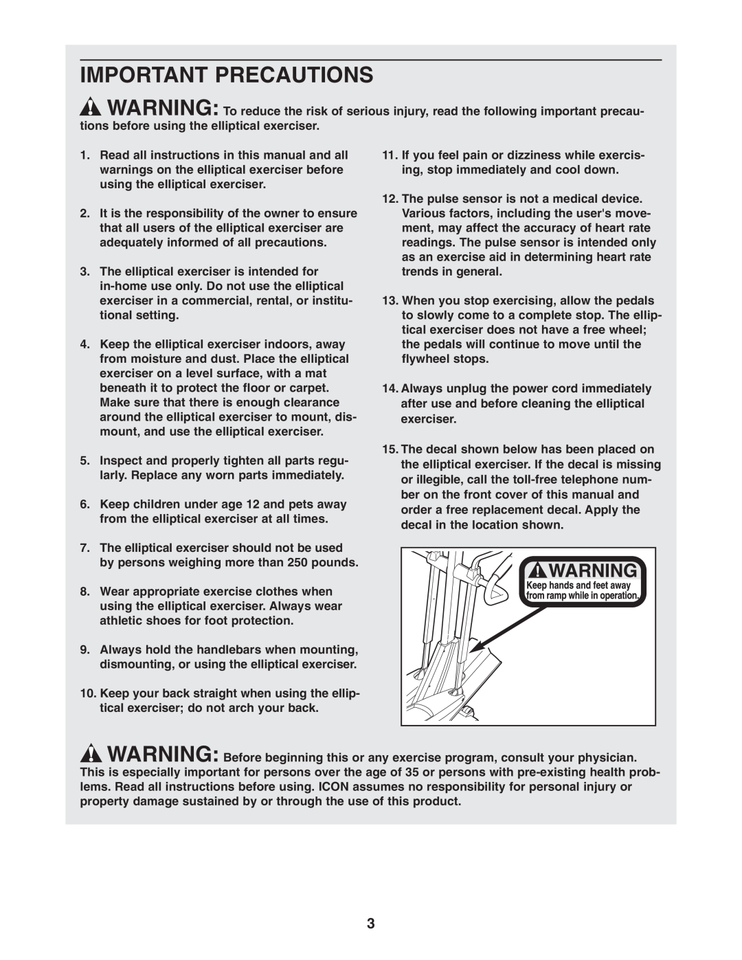 NordicTrack NEL7095.1 user manual Important Precautions 