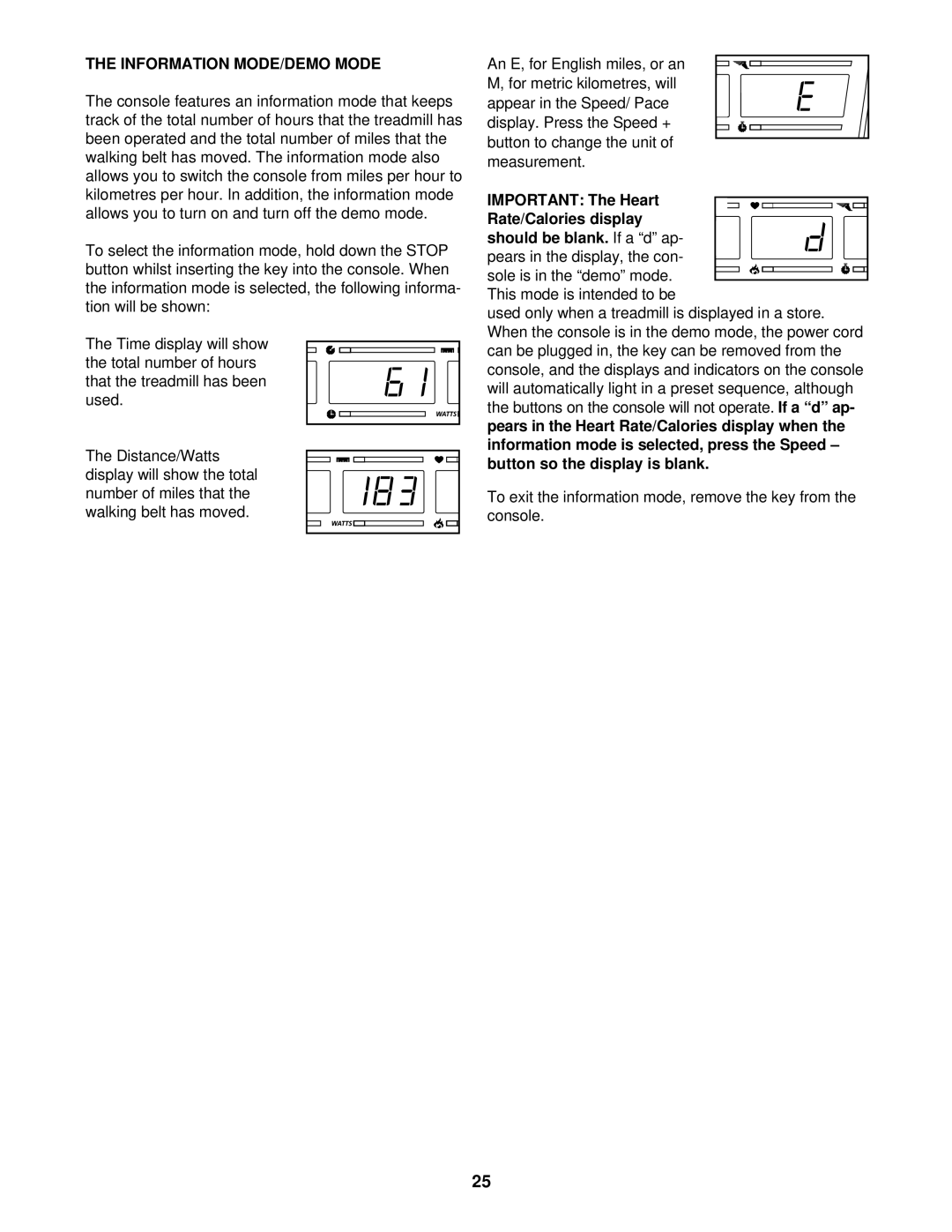 NordicTrack NETL15520 manual Information MODE/DEMO Mode 