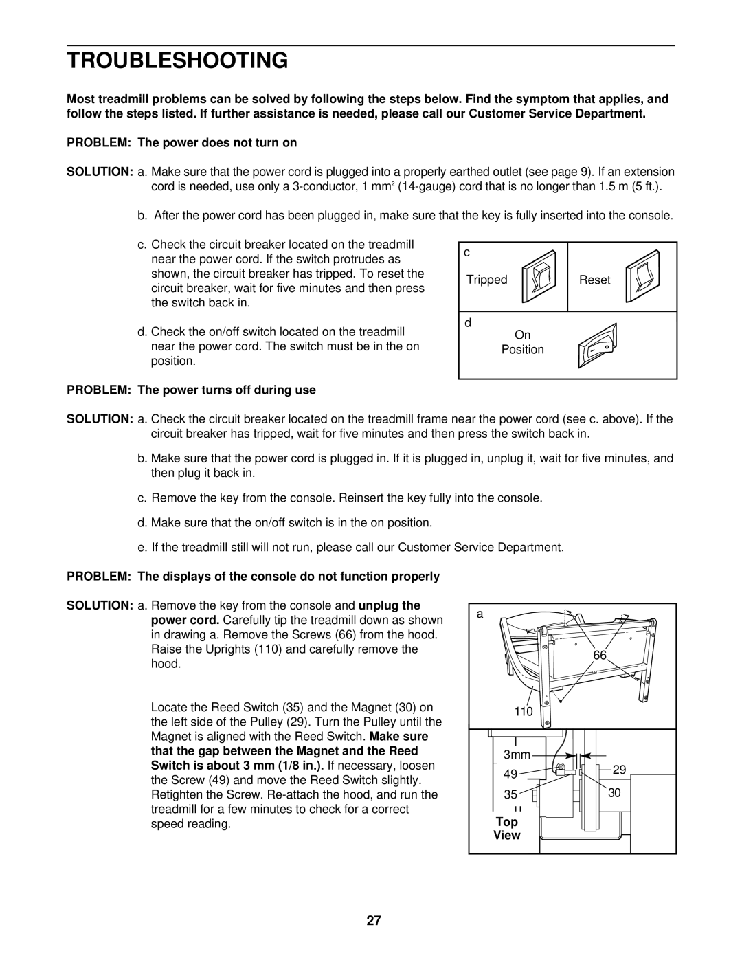 NordicTrack NETL15520 manual Troubleshooting, Problem The power turns off during use, Top 