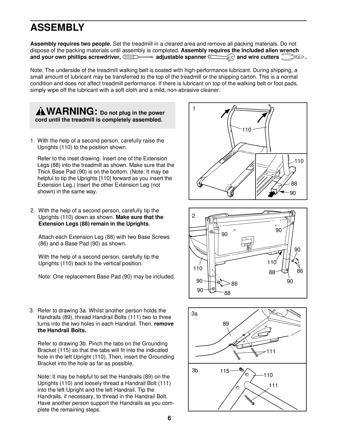 NordicTrack NETL15520 manual Assembly, Extension Legs 88 remain in the Uprights, Handrail Bolts 