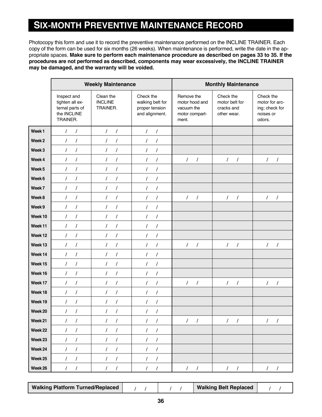 NordicTrack None user manual SIX-MONTH Preventive Maintenance Record, Weekly Maintenance Monthly Maintenance 