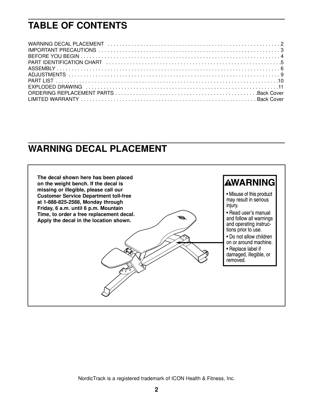 NordicTrack NTB12920 user manual Table of Contents 