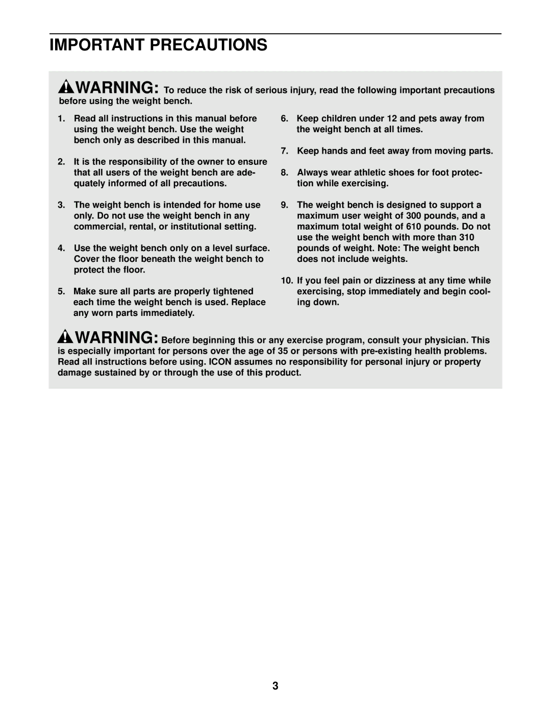 NordicTrack NTB12920 user manual Important Precautions, Keep hands and feet away from moving parts 