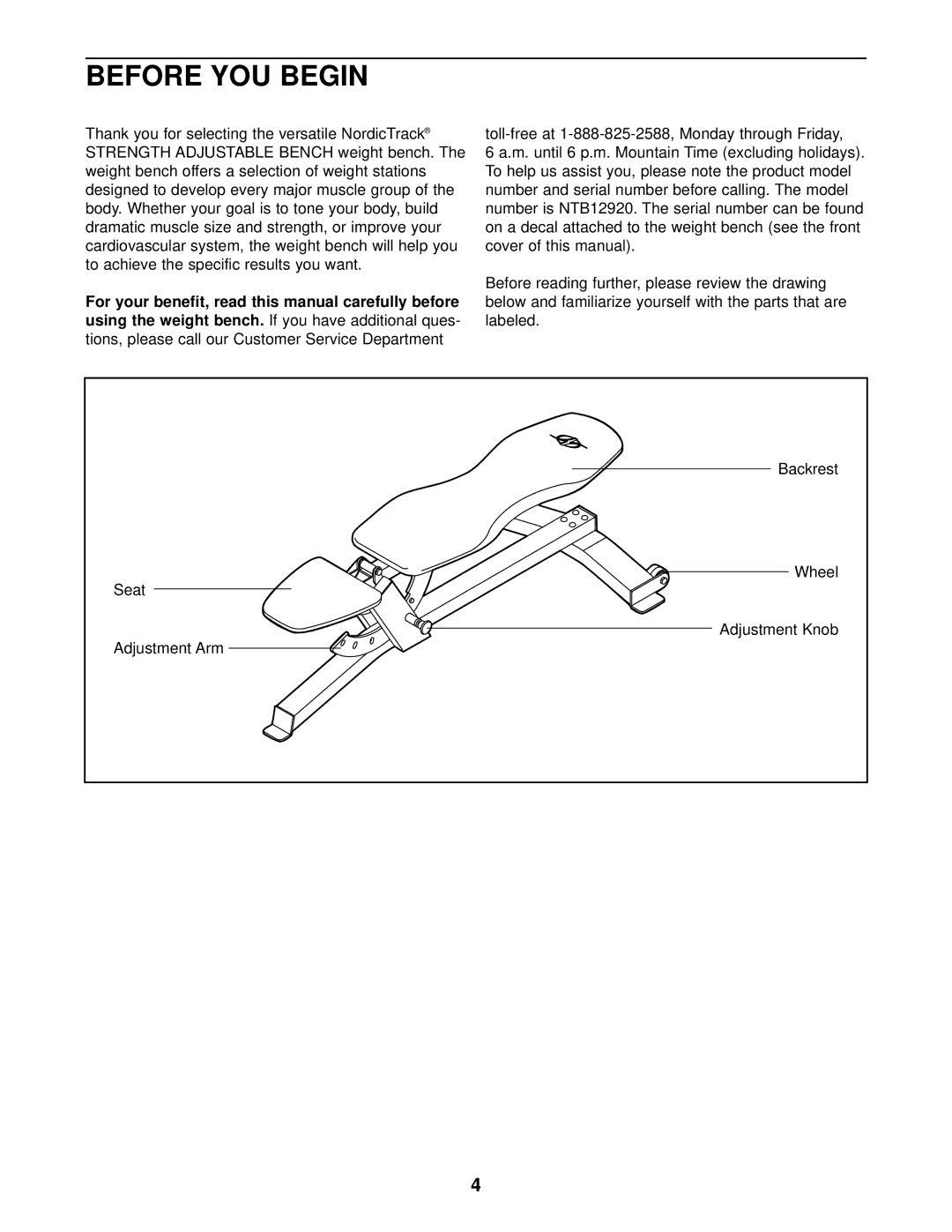 NordicTrack NTB12920 user manual Before YOU Begin, Using the weight bench 