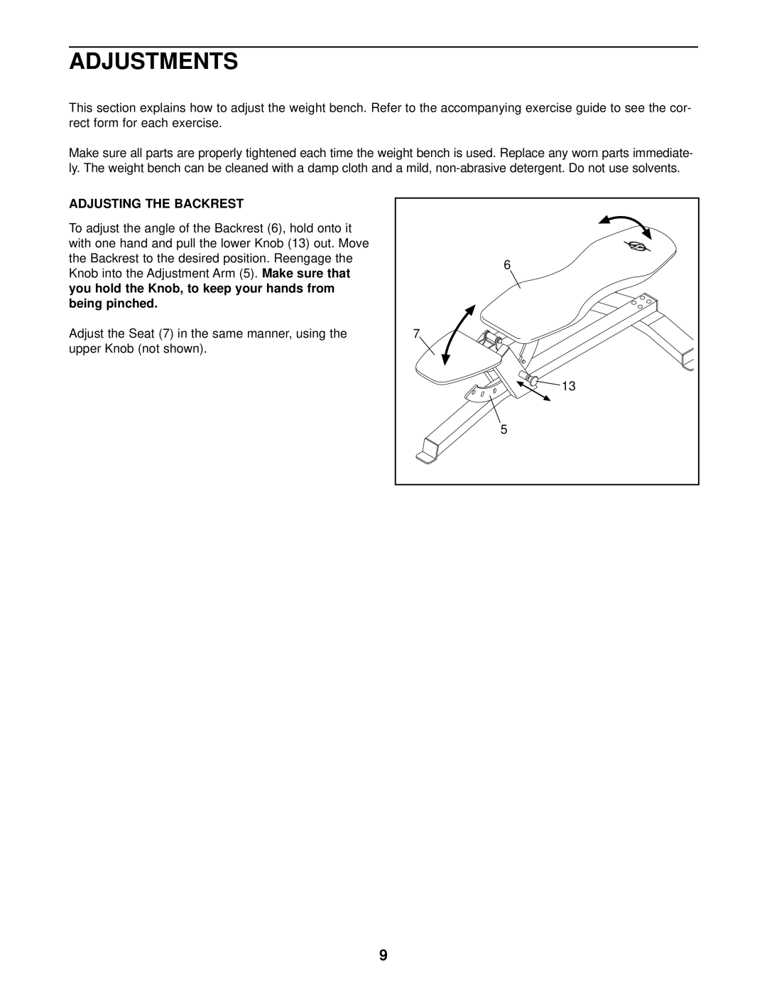 NordicTrack NTB12920 user manual Adjustments, Adjusting the Backrest, Knob into the Adjustment Arm, Being pinched 