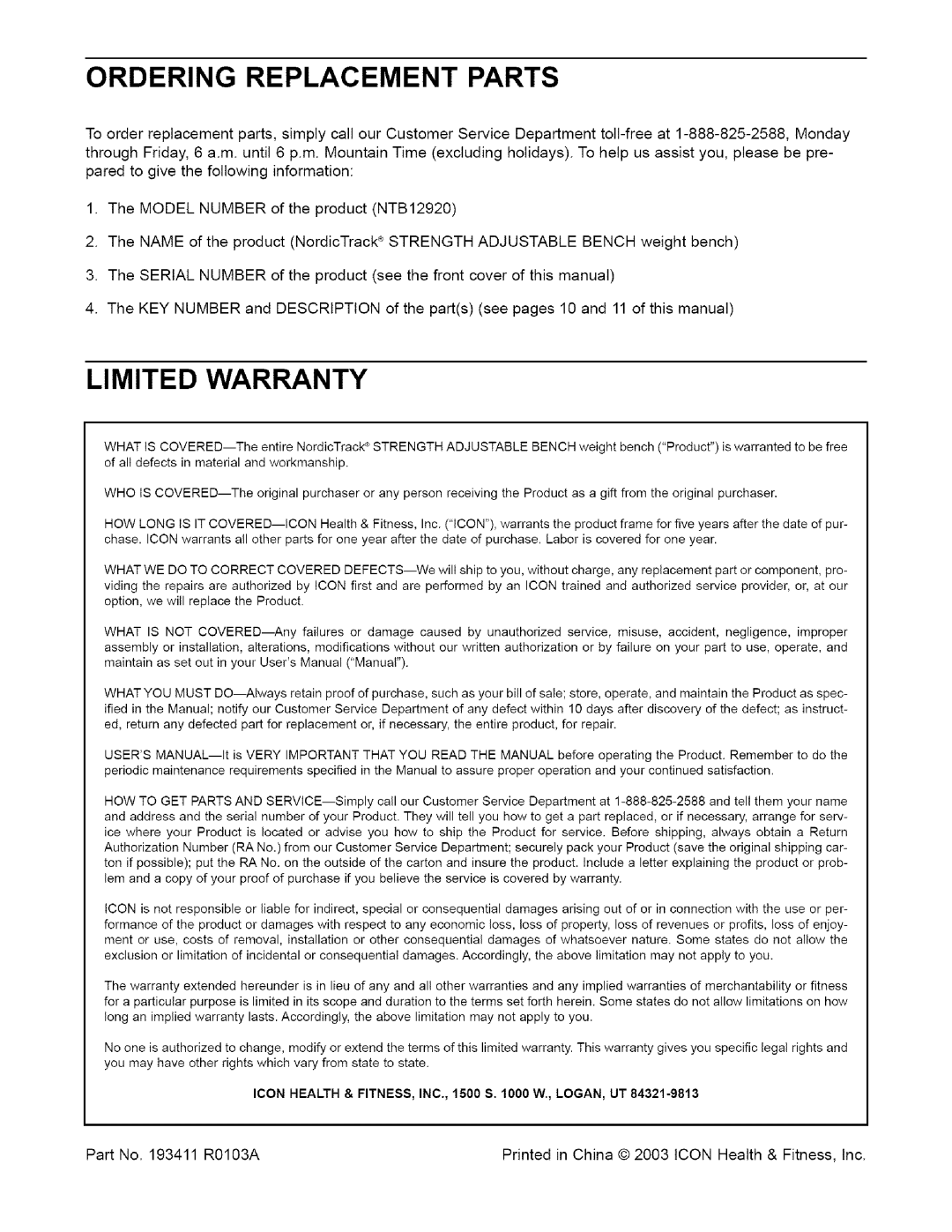 NordicTrack NTB12920 user manual Ordering Replacement Parts, LI Mited Warranty 