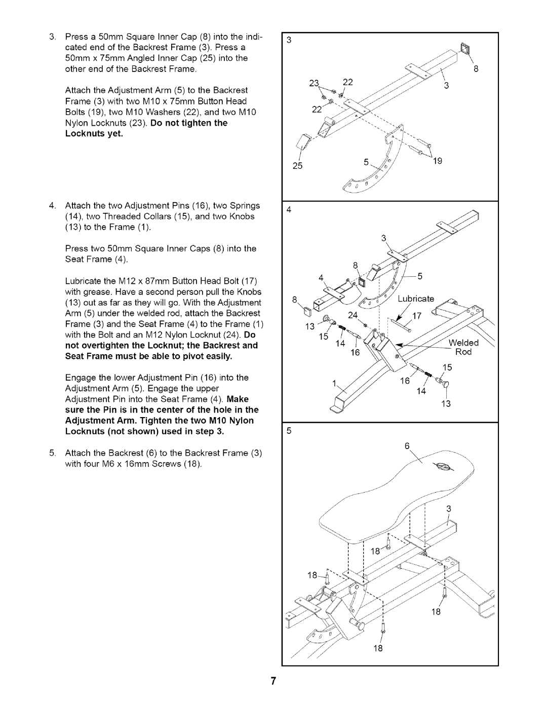 NordicTrack NTB12920 user manual Seat Frame must be able to pivot easily, Locknuts not shown used in step 