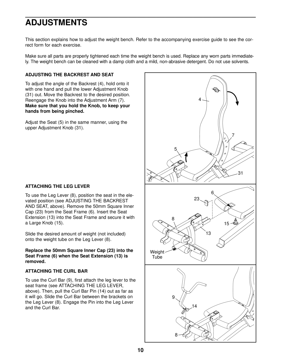 NordicTrack NTB14920 Adjustments, Adjusting the Backrest and Seat, Attaching the LEG Lever, Attaching the Curl BAR, Tube 