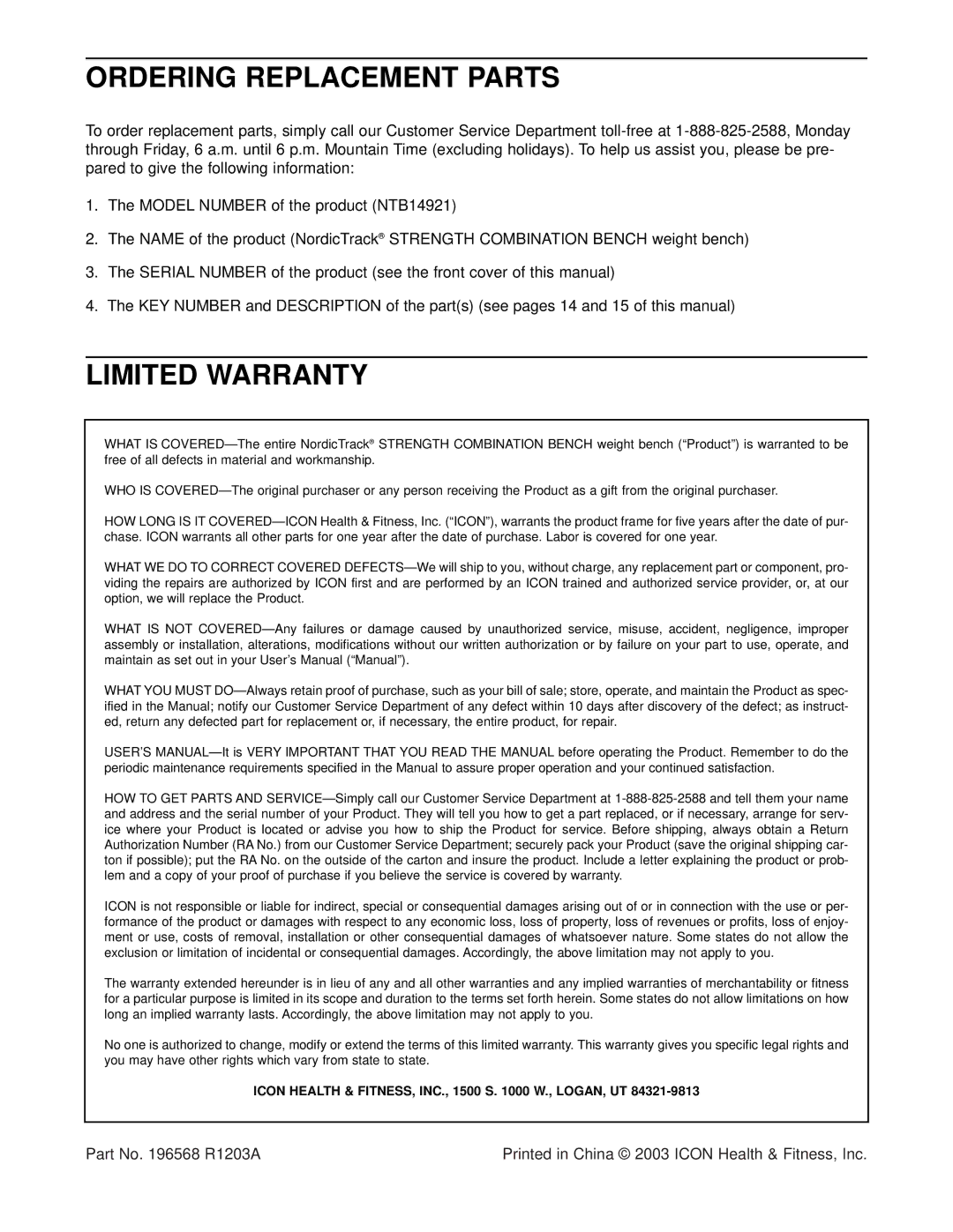 NordicTrack NTB14921 user manual Ordering Replacement Parts, Limited Warranty 