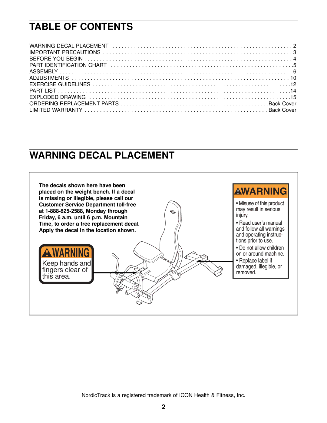 NordicTrack NTB14921 user manual Table of Contents 