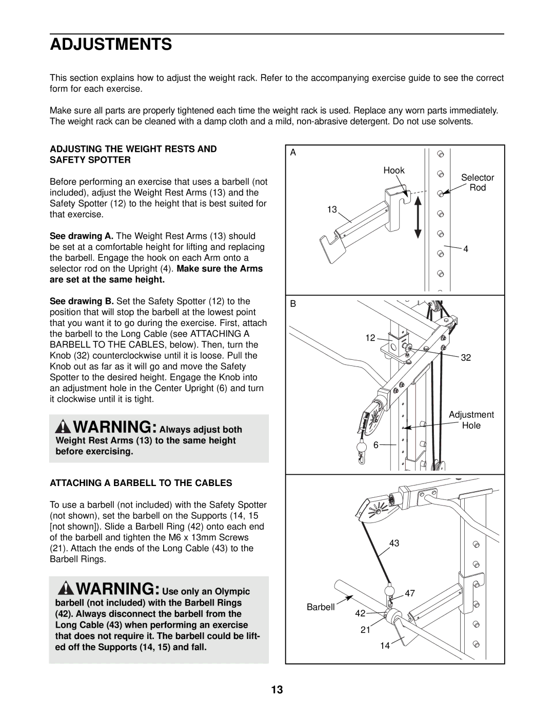 NordicTrack NTB39020 user manual Adjustments, Adjusting the Weight Rests and Safety Spotter 