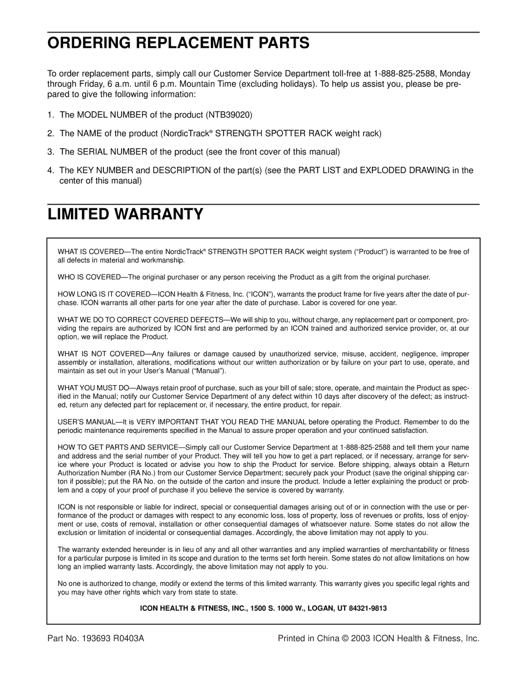 NordicTrack NTB39020 user manual Ordering Replacement Parts, Limited Warranty 