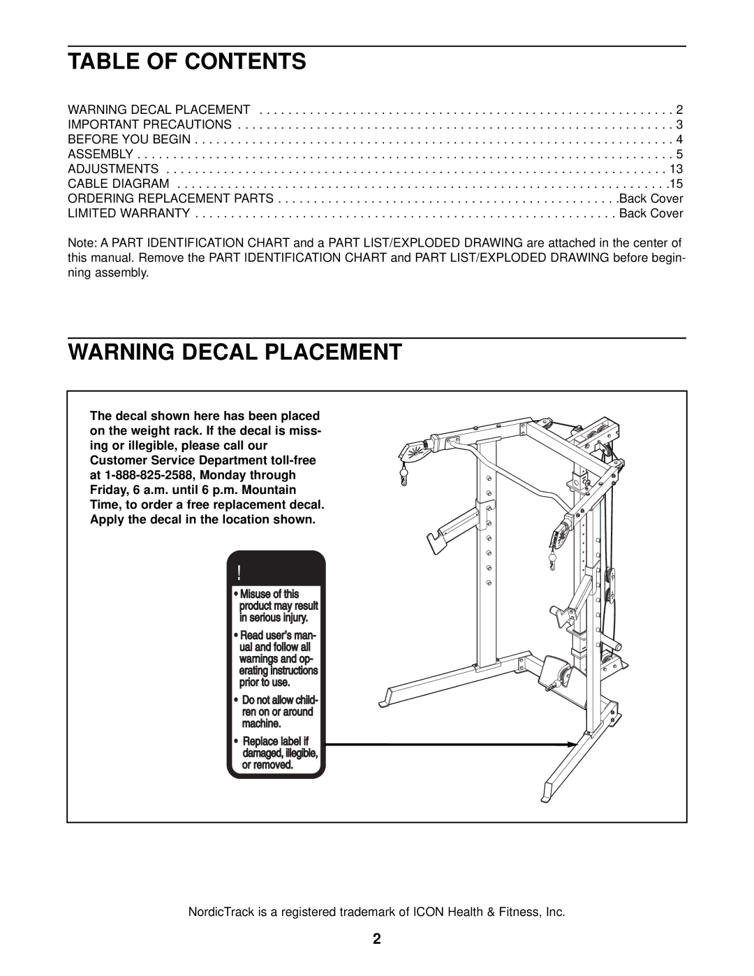 NordicTrack NTB39020 user manual Table of Contents 