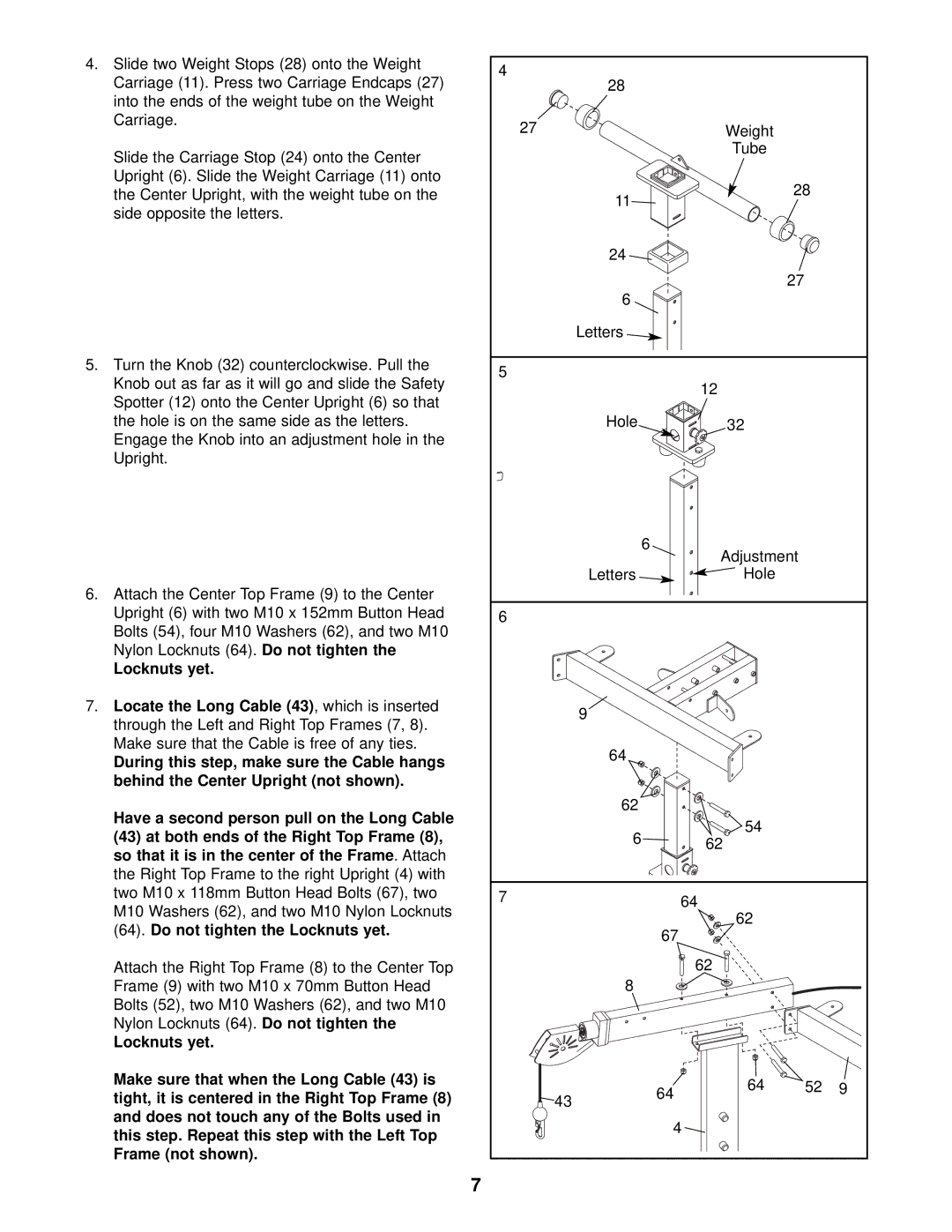 NordicTrack NTB39020 user manual Weight Tube Letters Hole Adjustment 