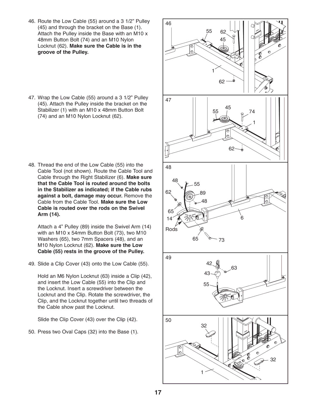 NordicTrack NTB49030 Locknut 62. Make sure the Cable is Groove of the Pulley, Cable 55 rests in the groove of the Pulley 