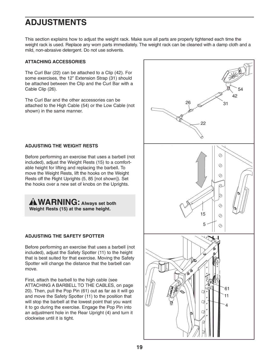 NordicTrack NTB49030 Adjustments, Attaching Accessories, Adjusting the Weight Rests, Adjusting the Safety Spotter 