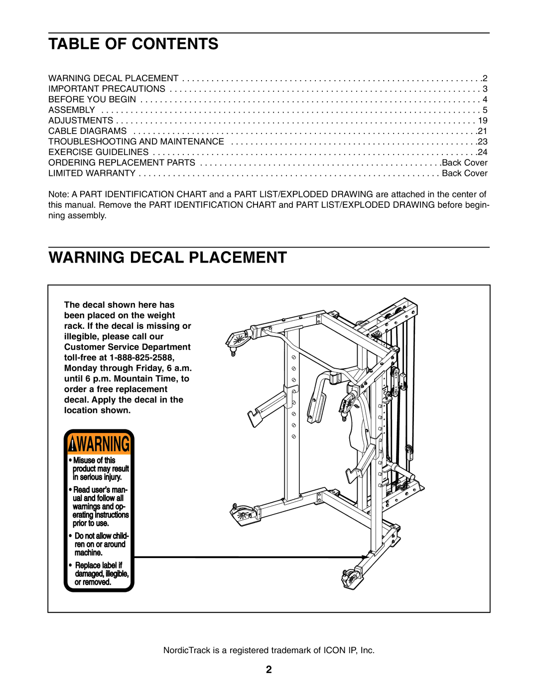 NordicTrack NTB49030 user manual Table of Contents 