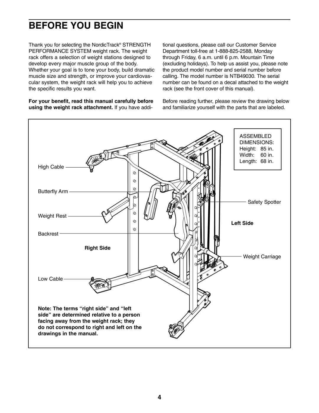 NordicTrack NTB49030 user manual Before YOU Begin, Right Side, Left Side 