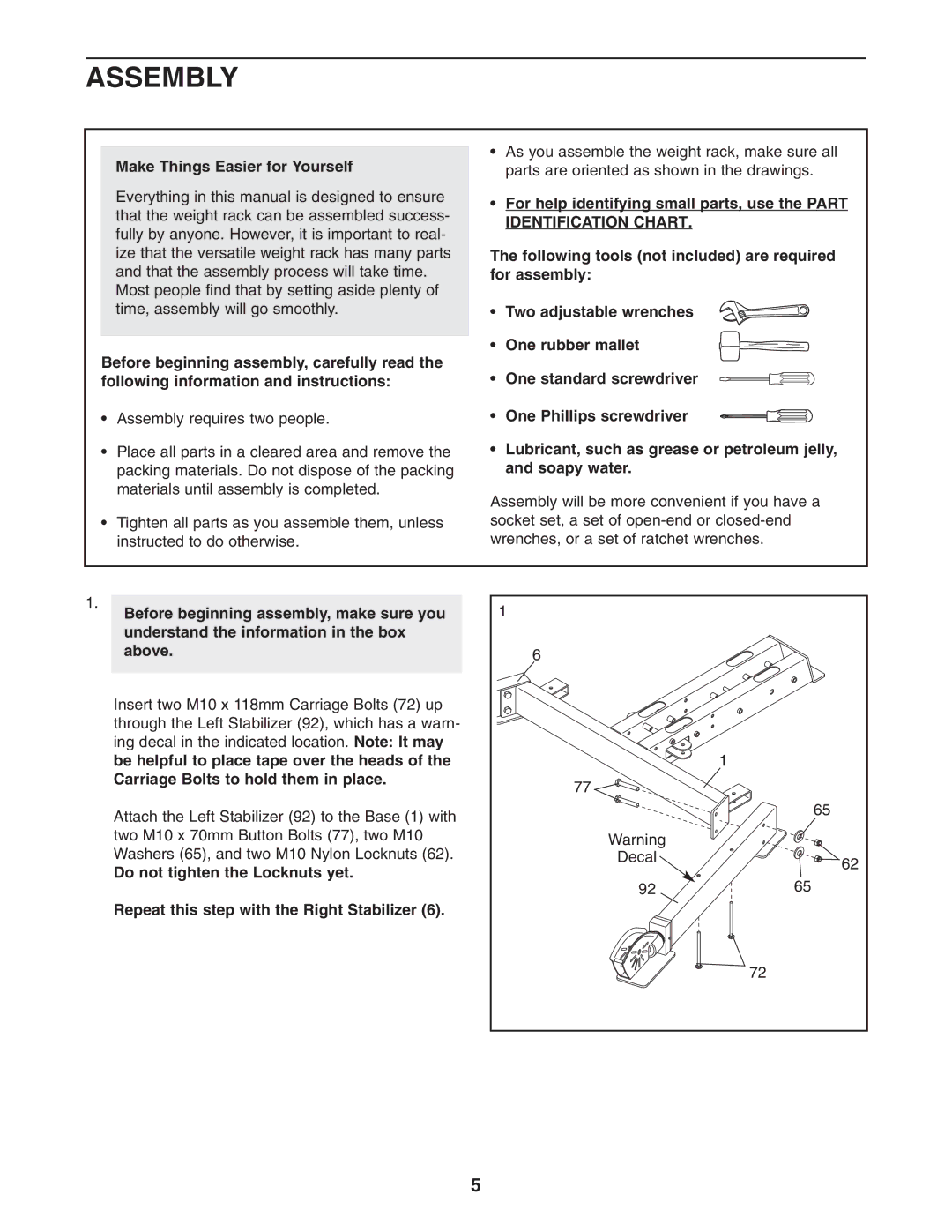 NordicTrack NTB49030 user manual Assembly, Make Things Easier for Yourself 