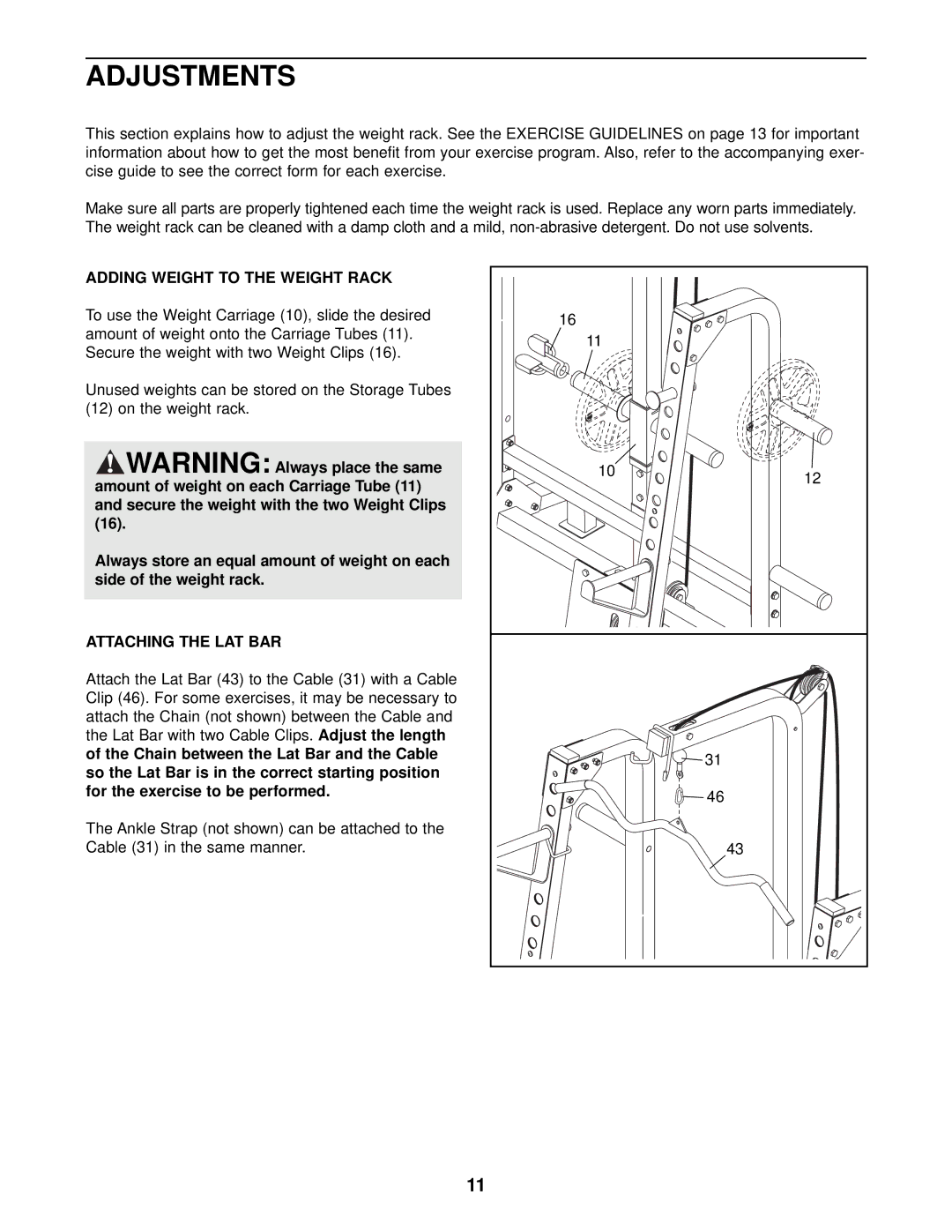 NordicTrack NTB58030 user manual Adjustments, Adding Weight to the Weight Rack, Attaching the LAT BAR 